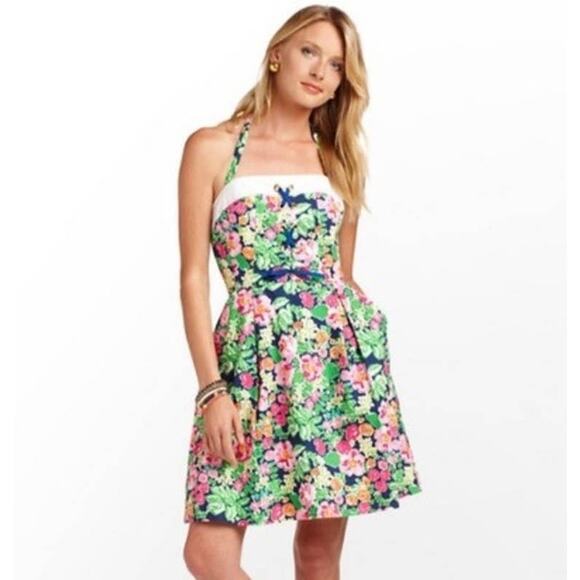 Lilly Pulitzer Dresses & Skirts - Lilly Pulitzer Toni Getaway Garden Floral Print Lace Up Halter Mini Dress 4 NWT